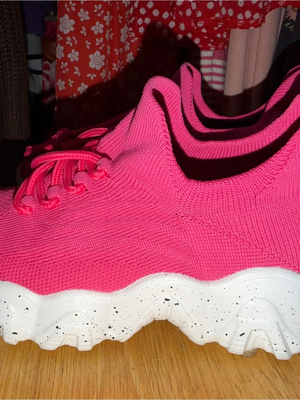 Hot Pink Knit Slip-On Athletic Sneakers with Cushioned White Speckled Sole
